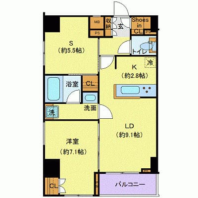 1LDK+S(納戸)の間取り図