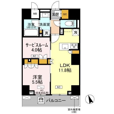 1LDK+S(納戸)の間取り図